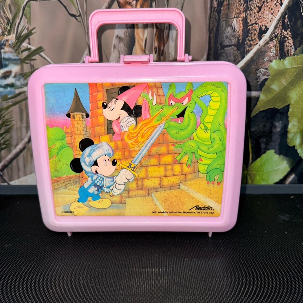 Vintage Mickey & Minnie Mouse Dragon Pink Aladdin Plastic Lunch Box